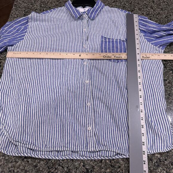 Old Navy Boyfriend Shirt Womens XL Blue White Stripe Linen Blend Button - Picture 4 of 8